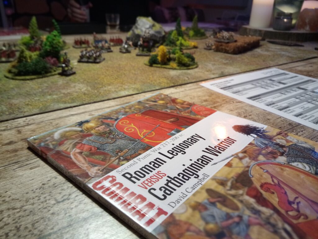 Tabletop game with 15mm Roman and Carthaginian miniatures. Osprey Publishing Combat series Roman Legionary versus Carthaginian Warrior.