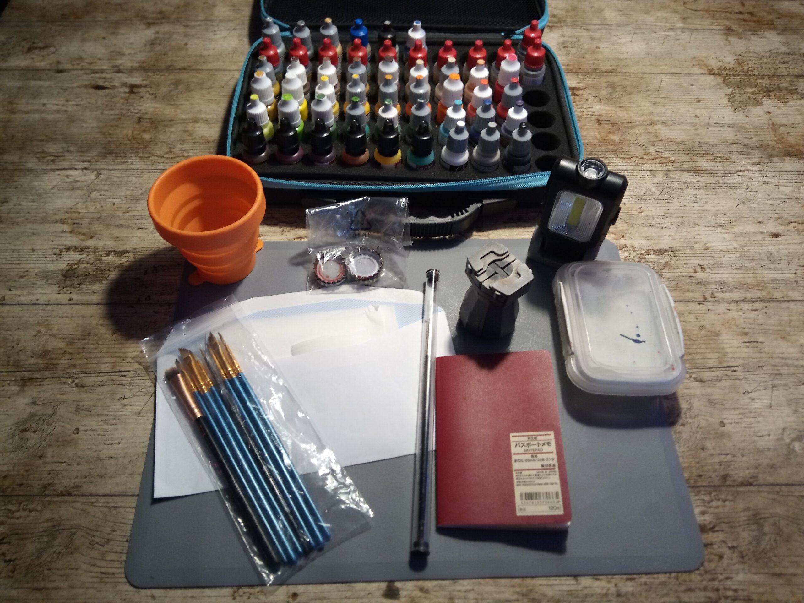 Everything which goes into my portable paint kit.