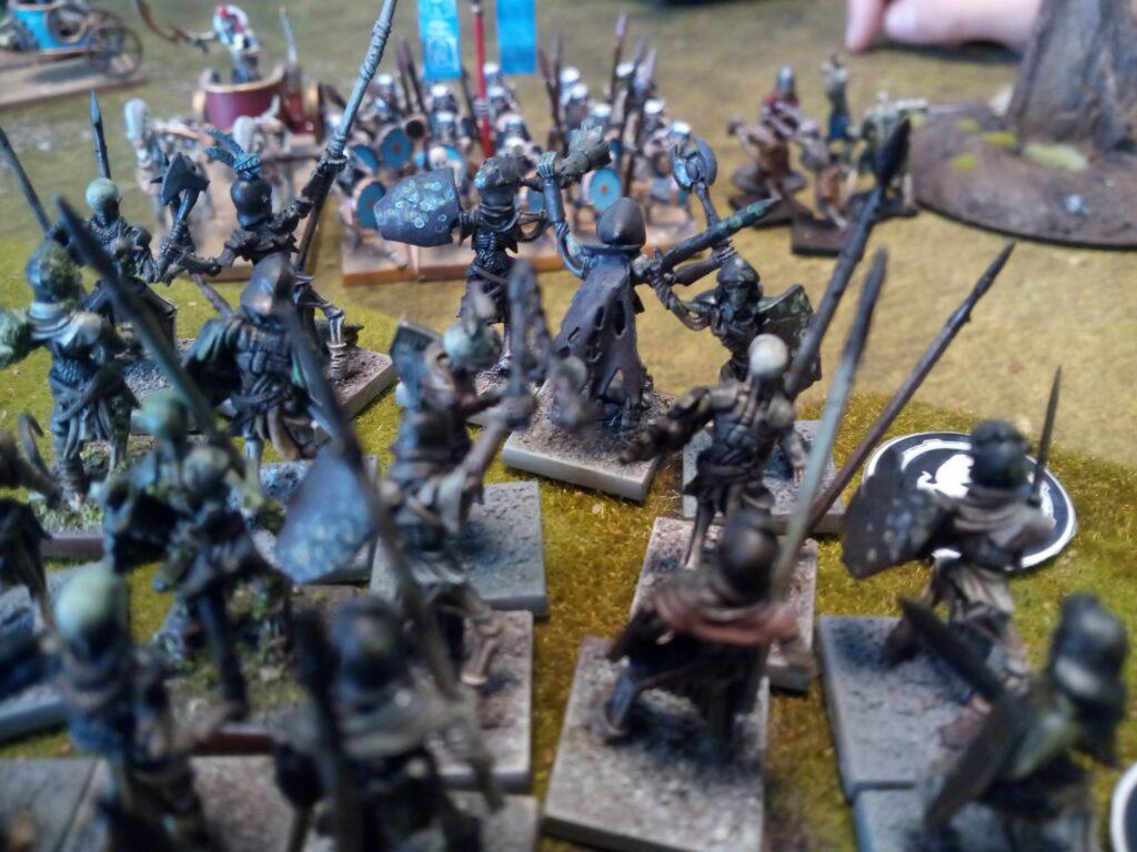 Vampiric Undead Spearmen clashing on Mummified Undead spearmen in the Danse Macabre scenario for One Page Rules Age of Fantasy.