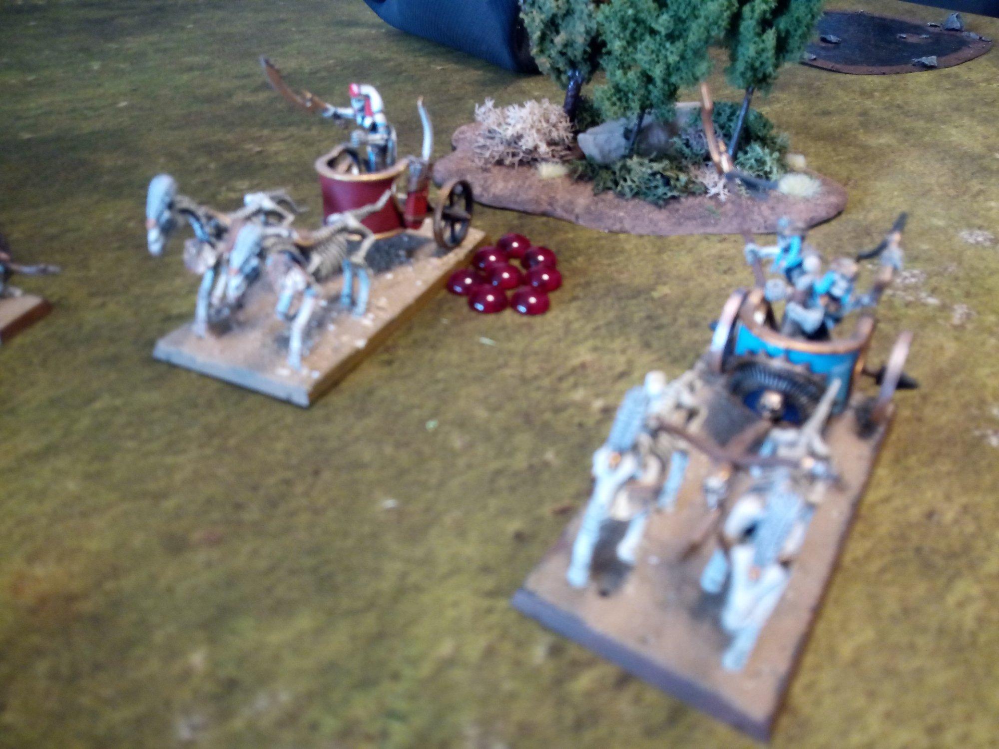 Two Mummified Undead chariots in a game of One Page Rules Age of Fantasy.