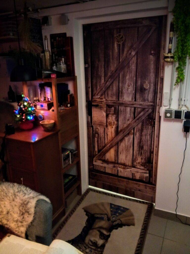 Wooden door in Man Cave: RPG Wargaming room: Dnd Dungeons and Dragons game room.
