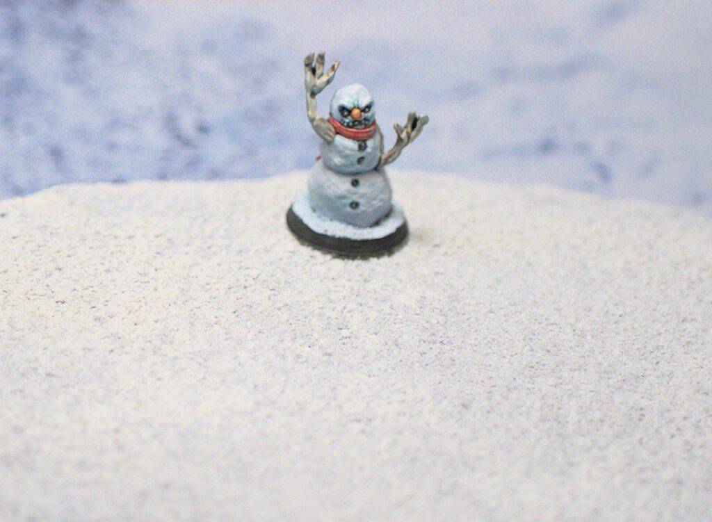 3D printed snowman by Brite minis in our Frostgrave Christmas scenario